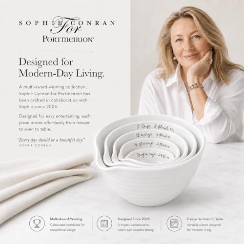 Portmeirion Sophie Conran White Measuring Cups, Set of 4 Fine Porcelain Nesting Prep Tools for Cooking & Baking, Ideal for Wet & Dry Ingredients, Compact for Easy Storage, Dishwasher Safe | Porcelain Nesting Measuring Set for Baking & Cooking, 1 Cup, 1/2
