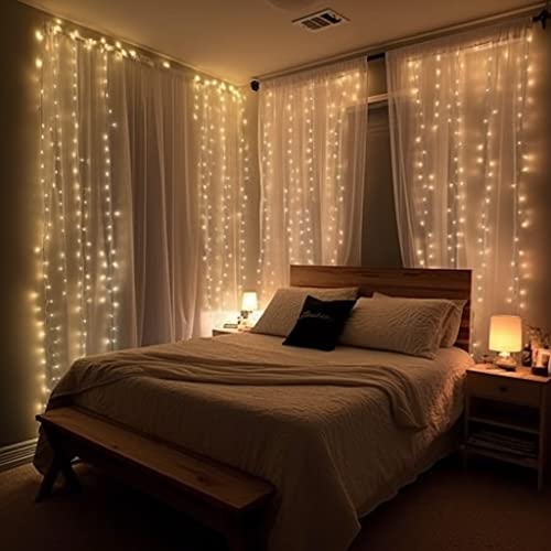 300 LED Curtain String Lights, Twinkle Fairy Lights for Bedroom with 8 Lighting Modes, USB Christmas Lights for Party Home Bedroom Indoor Wall Room Decor (Warm White)