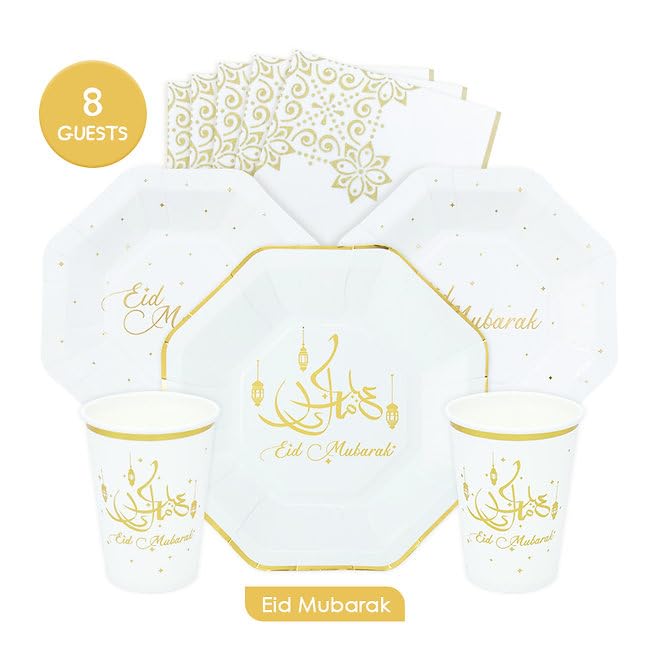 Eid Mubarak Party Disposable Tableware Set for Festive Celebrations, Parties, Muslim New Year - 8 Plates, 8 Cups, 20 Napkins, 1 Banner, 8 Desserts Plates (White)