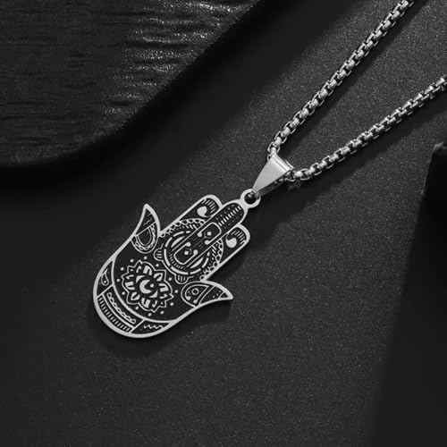 Classic Stainless Steel Devil's Eye Hand of Fatima Pendant Necklace for Men and Women Fashion Exorcism Amulet Jewelry Gift - color: silvery