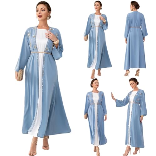 Muslim Abaya Long Sleeve Open Front Rhinestones Kaftan Cardigan Maxi Dress for Women with Belt - color: Modi Blue Cardigan, size: XX-Large
