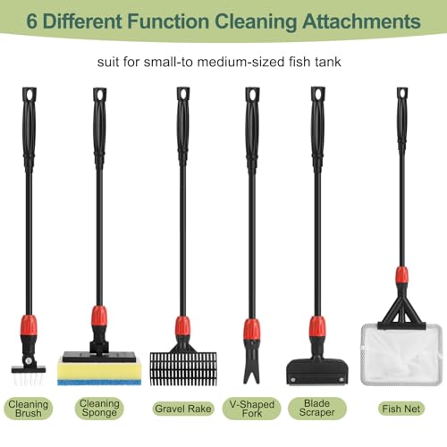 hygger Multi-Use Fish Tank Cleaner, 6 in 1 Aquarium Cleaning Tools Kit with 17.7 Inches Long Handle Algae Scraper Sponge Scrubber Firm Scrub Brush Fish Net Gravel Rake for Acrylic & Glass Tank - size: S(17.7in Long Handle)