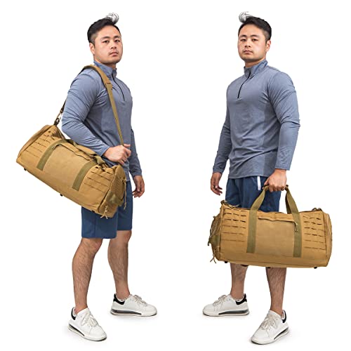 QT&QY 40L Military Tactical Duffle Bag For Men Sport Gym Bag Fitness Tote Travel Duffle Bag Training Workout Bag With Shoe Compartment Basketball Football Weekender Bag - color: Tan