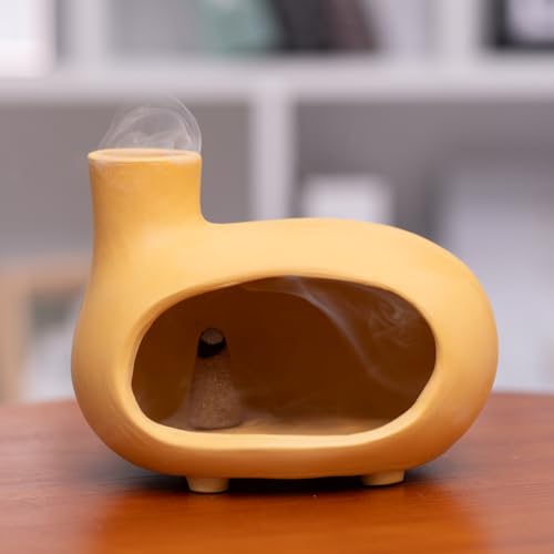 MOUGIGI Yellow Palo Santo Holder with Chimney–Mini Fireplace Incense Burner for Sage Burning, Wood Sticks, Cones&Tealights-Handcrafted Ceramic Smudge Bowl,Aromatic Incense Burner-Yoga Meditation Gift - color: Matte Clay -Yellow