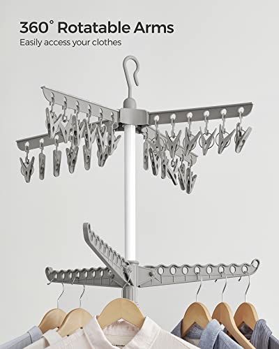 SONGMICS 2단 의류 건조대, 182.9cm(72인치) 접이식 세탁 건조대, 행거용 회전 가능한 팔 3개, 클립 24개, 스테인리스 스틸, 옷 27피스용, 그레이 및 화이트 ULLR512G01 - color: 그레이 + 화이트, style: 2단 클립