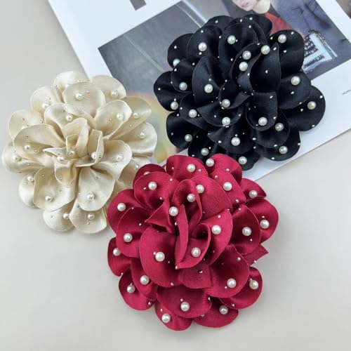 FUTIMELY Dainty Satin Fabric Rose Flower Large Brooch Pin Handmade Big Camellia Brooch Lapel Pins Wedding Party Dance Banquet Dress Suit Ceremony Clothes Accessories Jewelry Gifts for Women (Black1)