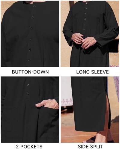 YAOHUOLE Kaftan for Men Long Sleeve Muslim Men Thobe Kaftan Thobe with Pockets - color: Black, size: Large