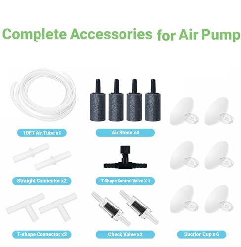 Moonorange Aquarium Air Pump Accessories Kit with Standard Tubing, 4pcs Air Stones, 2pcs Check Valves, 6pcs Suction Cups, 4pcs Connectors, T Shape Control Valve (10 Ft. Tubing Kit)