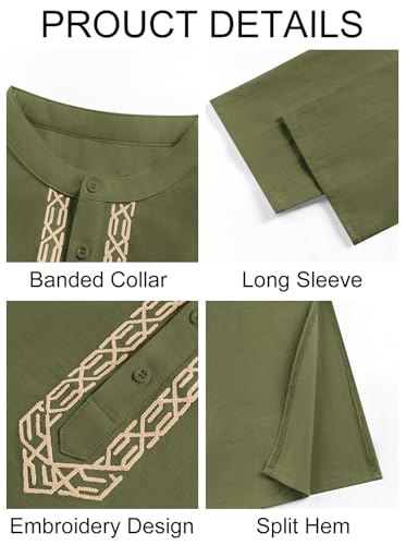 Runcati Mens Kaftan Thobe Button Down Casual Henley Shirts Long Sleeve Robe Cotton Linen Muslim Gown Shirt - color: Army Green, size: Medium