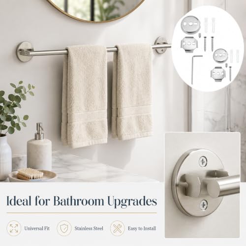 Towel Bar Mounting Hardware Universal Stainless Steel Bracket 1 Set | 2 Round and 2 Square Bases, Stainless Steel Construction, Screws with M3 Wrench, for Common Bathroom Fixtures