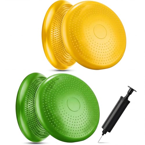 Outus 2 Pcs Balance Disc Inflated Wobble Cushion for Sensory Kids 13. 4 Inch Wiggle Seat Flexible Seating with Hand Pump for Kids Men Women Classroom Exercise Office Home Chair - color: Yellow, Green