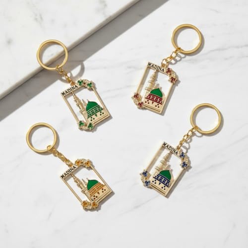 4pcs of Set Muslim Islamic Mosque Keychain,Ramadan decor Religious Bag Purse Charm 18K Gold Plated Key Ring Chain Accessories Gifts For Car,Backpacks