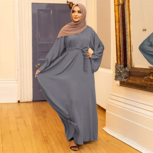 Prayer Dress for Women Muslim Long Sleeve A Line Elegant Maxi Dress Casual Wedding Party Maxi Dresses with Belt - color: Grey, size: X-Large