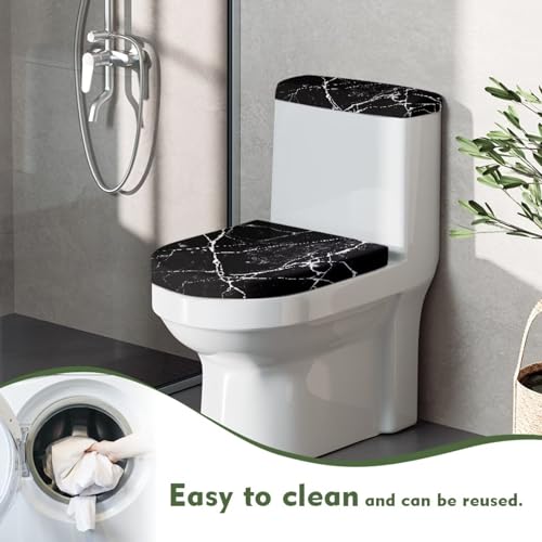 Black Marble Design Toilet Lid Dust Cover & Toilet Tank Lid Cover for Bathroom Machine Washable Anti-dust with Elastic Edge - color: Black Marble Design