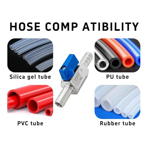1/2” 304 Stainless Steel Mini Barb Ball Valve, Hose Shut Off Valve with Clamps, Corrosion Resistant Shut-Off Switch for Water, Gas, Fuel, Drip Irrigation - size: 1/2”