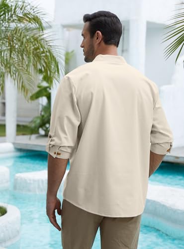 Zaitun Mens Cotton Linen Shirts Casual Buttons Down Roll-Up Sleeve Shirt Summer Chinese Style T-Shirts - color: Khaki, size: Medium
