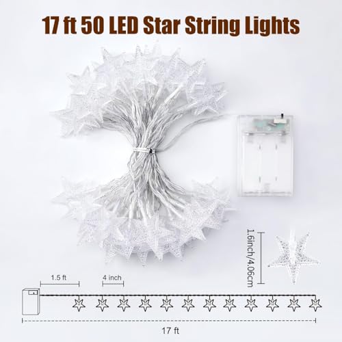Star String - 17 ft 50 LED Star Fairy String Lights with Timer, Waterproof for Indoor Bedroom Tent Loft Bed Patio Party Wedding Ramadan Decorations, Warm White