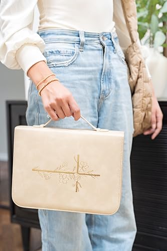 Bible Cover Case for Women – PU Leather Large Bible Case with Minimalist Debossed Design – Christian Bible Accessories for Girls & Women (Beige/Gold)