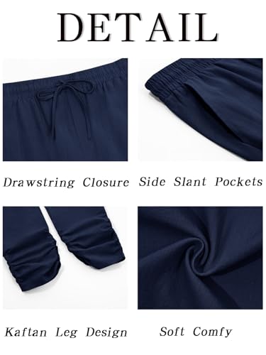 Runcati Mens Kaftan Thobe Pants Cotton Casual Elastic Waist Drawstring Muslim Trousers Summer Yoga Kurta Pants with Pockets - color: Navy, size: XX-Large