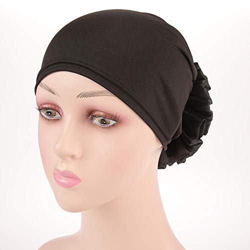 Women Flower Elastic Turban Beanie Head Scarf wrap Chemo Cap hat for Cancer Patient - color: Black