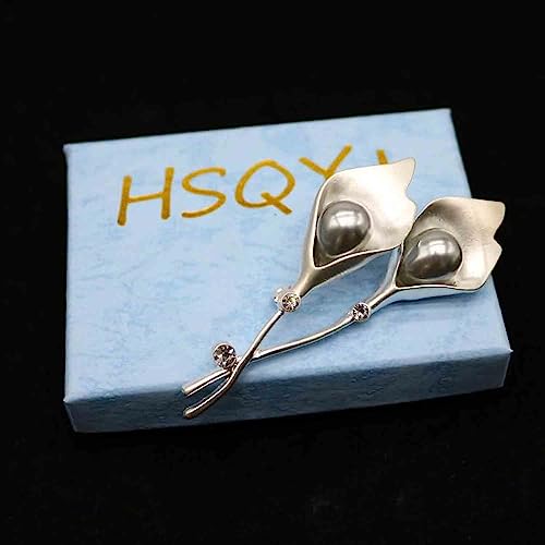 Crystal Pearl Flower Brooches Pins Fashion Beautiful Created Rhinestone Floral Brooch Good Idea for Party Dance Wedding Banquet for Elegant Women Girl - color: Silver Lily
