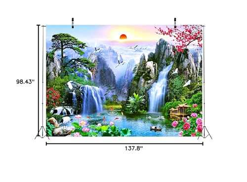 BELECO 12x8ft Fabric Fairyland Mountain Lake Photography Backdrop Waterfalls Swans Fish Flowers Dreamy Natural Landscape Painting Background Wall Murals Home Decor Kids Adults Portrait Photoshoot - size: 12x8FT