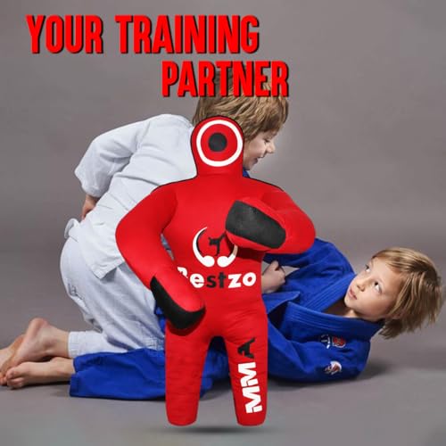 Bestzo Kids MMA Grappling Dummy - Unfilled Canvas Wrestling & BJJ Training Partner for Karate, Judo & Boxing (48-Inch) - color: Black Red
