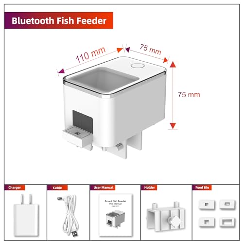 Bluetooth Fish Feeder Automatic Dispenser for Aquarium, Food Dispenser for Fish Tank with App Control, USB Powered for Small Fish Tank Pelleted Food, Electronic Feeders for Animals, White