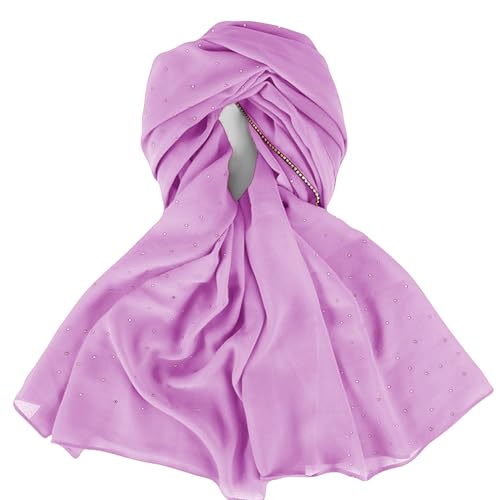 Hijab Scarf for Women Soft Chiffon Rhinestone Long Scarf Shawl Fashion Muslim Hijab Head Wrap Scarves - color: Light Purple