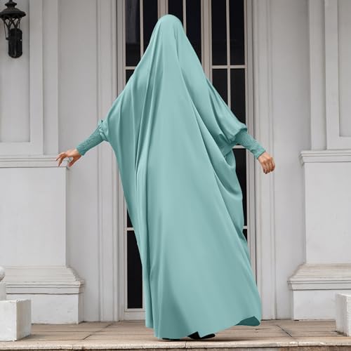 IDOPIP Muslim Abaya for Women One Piece Long Sleeve Islamic Prayer Dress with Hooded Hijab Maxi Kaftan Robe Modest Clothes - color: Light Green