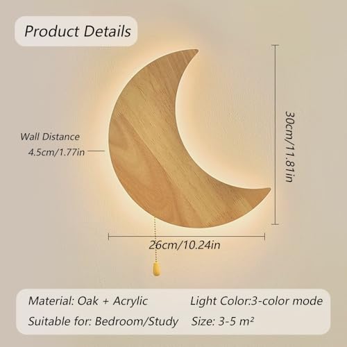 Moon Shape Nordic Style Wall Sconce 11.9-Inch Oak Wood Wall Lamp with Pull Chain Switch 3 Color Temperatures Acrylic Crescent Light Fixture for Bedroom Study Hallway