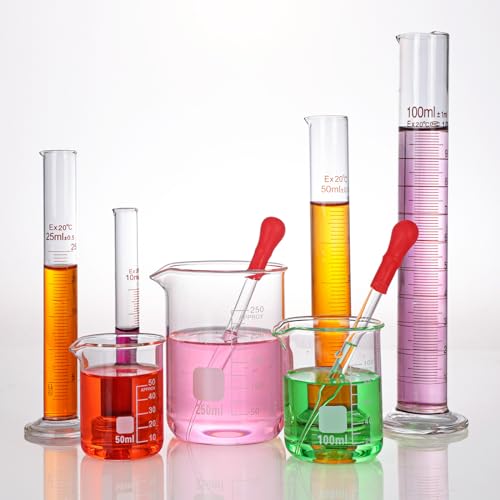 Glass Graduated Cylinder and Beaker Set 9 Pieces with Droppers | 4 Cylinders in 10 25 50 and 100ml, 3 Beakers in 50 100 and 250ml, 2 Droppers, for Lab Measuring and Experiments