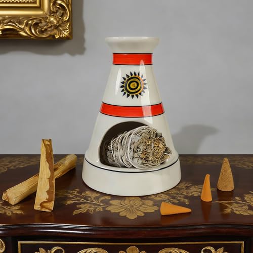 MOUGIGI Handcrafted Sun Totem Ceramic palo santo sticks holder with - Tent-Shape Mini chiminea for Sage, Incense Cones & Smudging Rituals -Thoughtful Gifts for Yoga, Meditation, Ash, Zen, Aromatherapy - color: Pulse Thread Palo