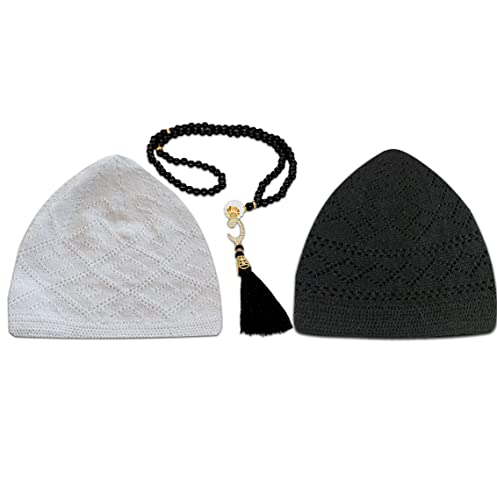 ESERRA Kufi Hats for Men - Prayer Cap, Handicraft Taqiyah, Muslim Tasbih 99 Beads, Prayer Beads - color: White and Black