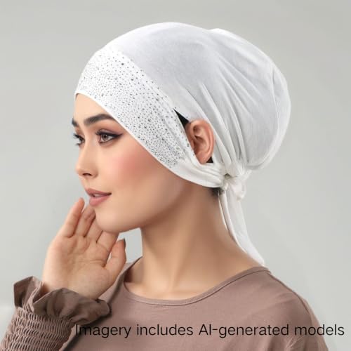 Muslim Hijab Undercap Rhinestone Embellished Turban Head Wrap for Women Jersey Inner Cap with Ear Holes - color: White