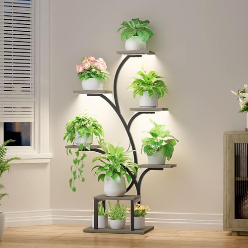 BACEKOLL Plant Stand Indoor with Grow Light, 7 Tier 49" Lighted Plant Shelf | Tree-Shaped Tall Holder with Full Spectrum Light for Indoor Growing, Sturdy Metal Rack for Home Corner, Space-Saving, Grey