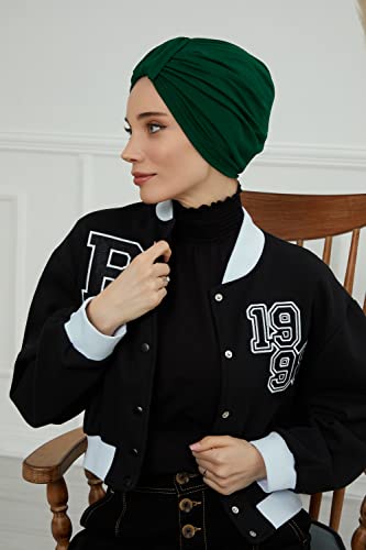 Aisha's Design Instant Turban Plain Cotton Scarf Head Wrap Lightweight Hat Bonnet Cap for Women - color: Dark Green