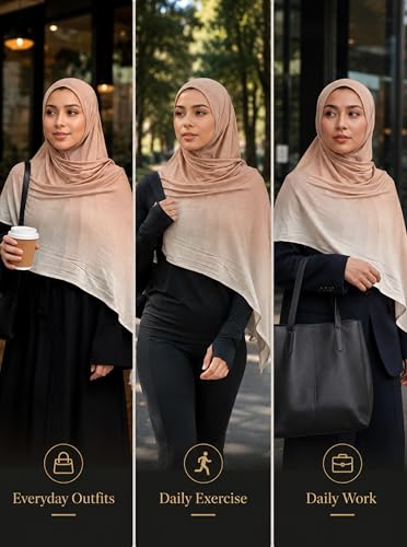 Premium Stretch Cotton Gradient Scarf for Women, Soft Jersey Wrap Shawl, Lightweight Ombre Hijab for Everyday Wear - color: Mctlo2537-camel