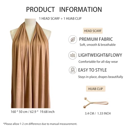 Jersey Hijab Scarf for Women,Lightweight Muslim Turban Head Scarf Modal Feel Hijab Coverings for Prayer with Clip - color: Bronze Skin