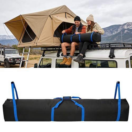 Tent Storage Bag 83x12", 600D Dual Zipper, 3 Pairs of Handles for Camping | Fits large tents & sleeping bags. Water-resistant, reinforced stitching. Padded carry grips with blue webbing.