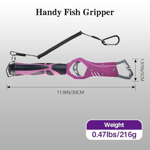Eupheng 11.8'' Heavy-Duty Fish Gripper with Scale Rustproof Aluminum Body, Non-Slip Rubber Handle, Built-in Weight Estimator & Wrist Lanyard - color: Pink