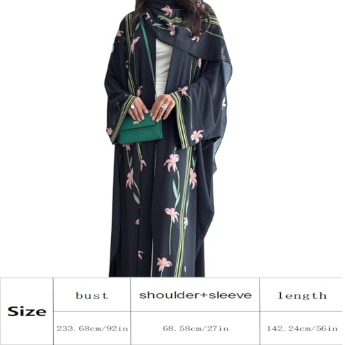 Long Chiffon Cardigan Abayas for Women's Muslim Kaftan | Applique Flower, Hijabs Dress - color: Black