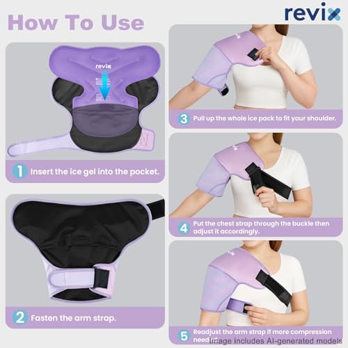 REVIX Shoulder Ice Pack Wrap, 2 Gel Packs+1 Shoulder Brace for Rotator Cuff and Arm, Reusable Gel Cold Therapy Wrap for Discomfort Relief & Muscle Relaxation, Easy to Wear & Remove, Purple - size: Medium, style: Purple, 2 Gel Packs+1 Shoulder Brace
