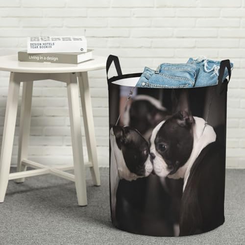Boston Terriers At Dog Show Round Waterproof Oxford Cloth Laundry Basket Multi-Purpose Storage Basket Toys Books Clothes Storage Basket - color: Black 3