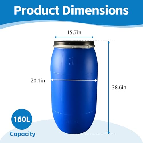 Shipping Barrel, Plastic Drum with Lid, Food Grade Container, Air Tight for Water and Food Storage, Rain Barrel Use(160L) - size: 160L