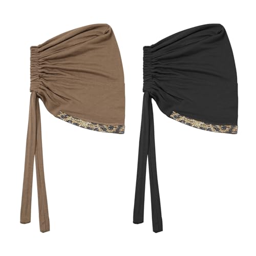 PURFUN 2 Pcs Muslim Inner Hijab Caps Women Girls Stretchy Breathable Full Cover Undercap Tube Bonnet Under Scarf Hats Beanie - color: Black+khaki/2pcs