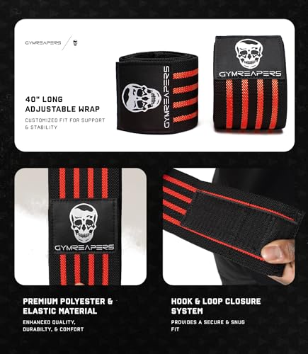 Gymreapers Weightlifting Elbow Wraps (1 Pair) - Flexible 40'' Elbow Compression Strap & Joint Support Brace - for Bench Press, Powerlifting, and Pressing - color: Red