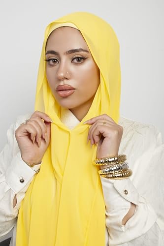 Instant Chiffon Hijab 3-in-1 with Built-in Magnets and Attached Match Undercap, Women Hijabs Set. - color: Yellow