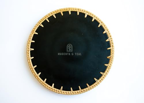 Magenta & Teal Round Rattan Serving Tray with Mother of Pearl Inlay, Wicker Coffee Table Decor, Farmhouse Style (Blue Tan Flower) - color: Blue Tan Flower
