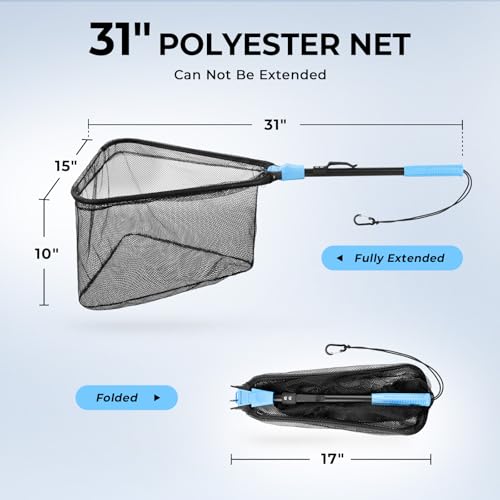 Calamus Triangle Fishing Net with Non-Slip Elastomer Handle | Lightweight & Strong, Foldable Landing Net, Elastic Lanyard and Belt Clip, UV-resistant Mesh, Fishing Gear for Men - style: 31" Full (Fixed Pole)